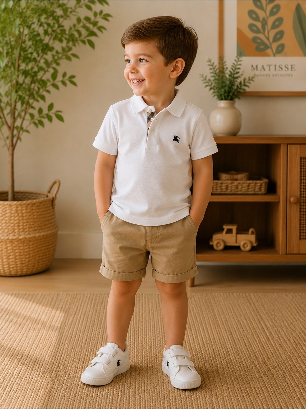 Burberry White Polo Shirt with Navy Logo for Kids